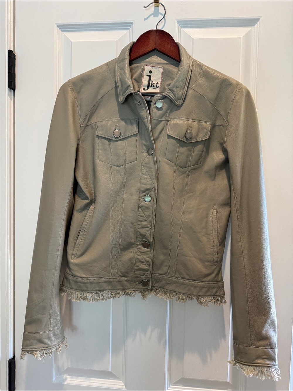 ⁠Jakett NYC Alexa Patina Leather Jacket, designed by the luxury brand Jakett
